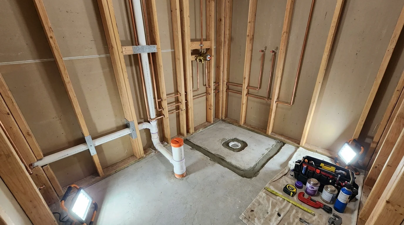 Bathroom rough-in plumbing during remodel by Johns Plumbing LLC in New Lisbon
