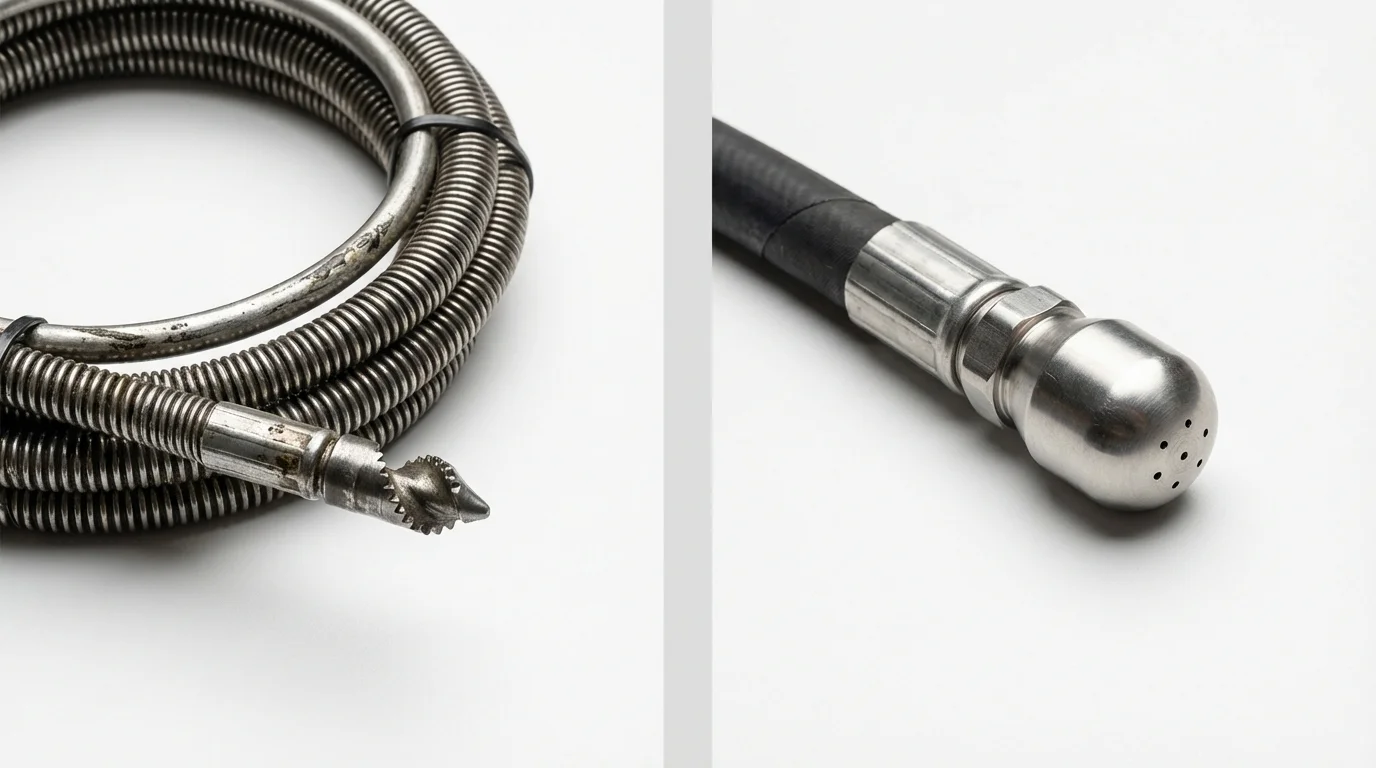 Drain snake cable and hydro jetting nozzle used for drain cleaning in New Lisbon, WI