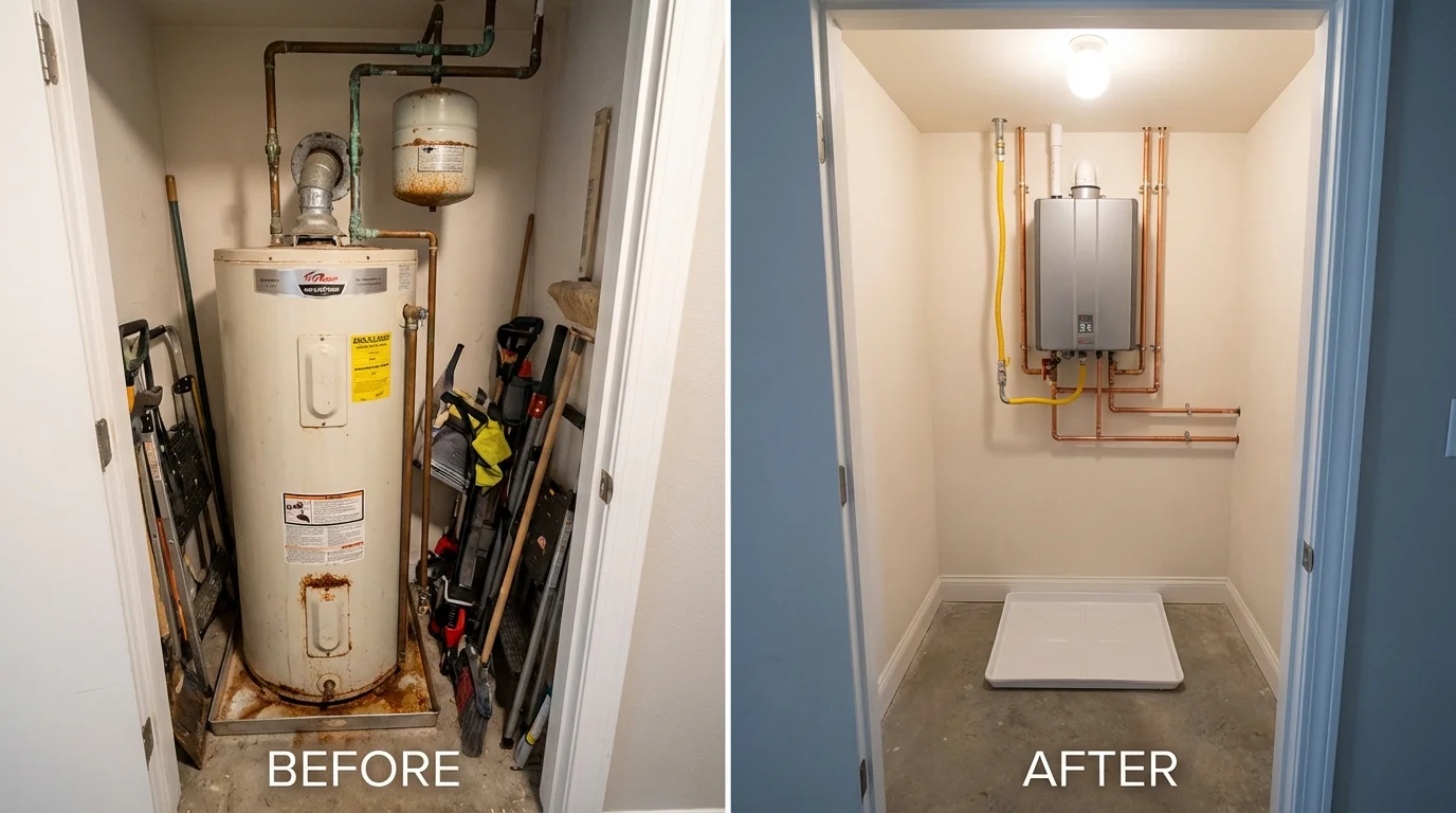 Tank water heater versus wall-mounted tankless unit comparison for New Lisbon, WI homeowners