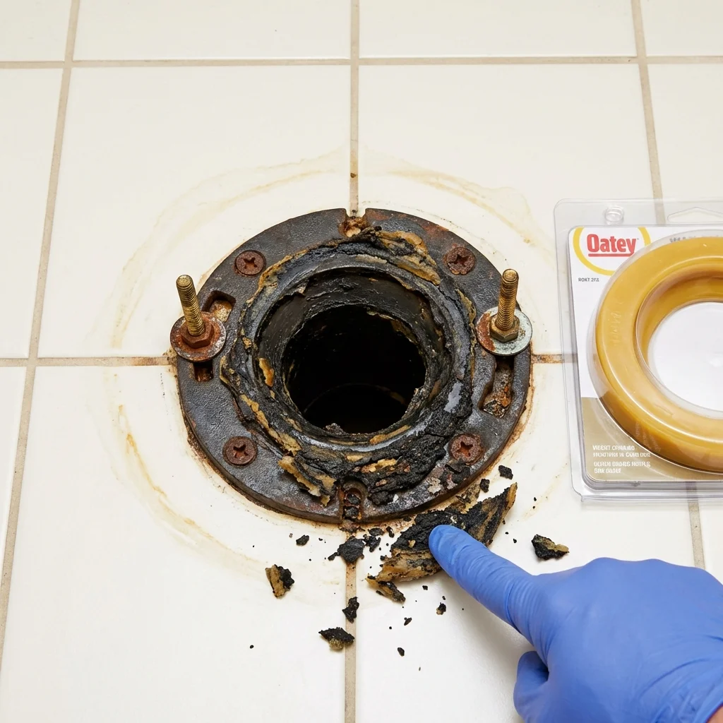 Failed wax ring showing water seepage at the base of a toilet in a New Lisbon, WI home