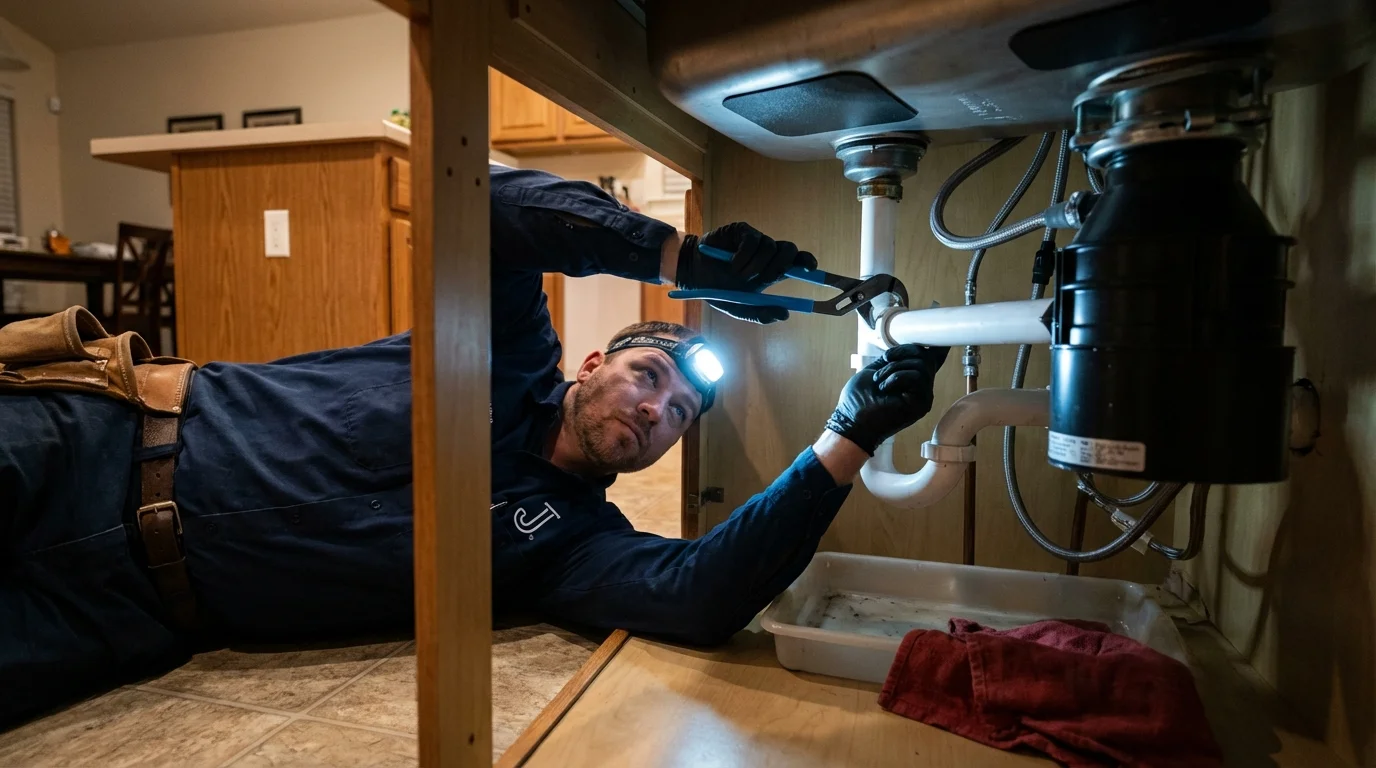 P-trap and supply line connections under a kitchen sink showing a common leak point in New Lisbon, WI